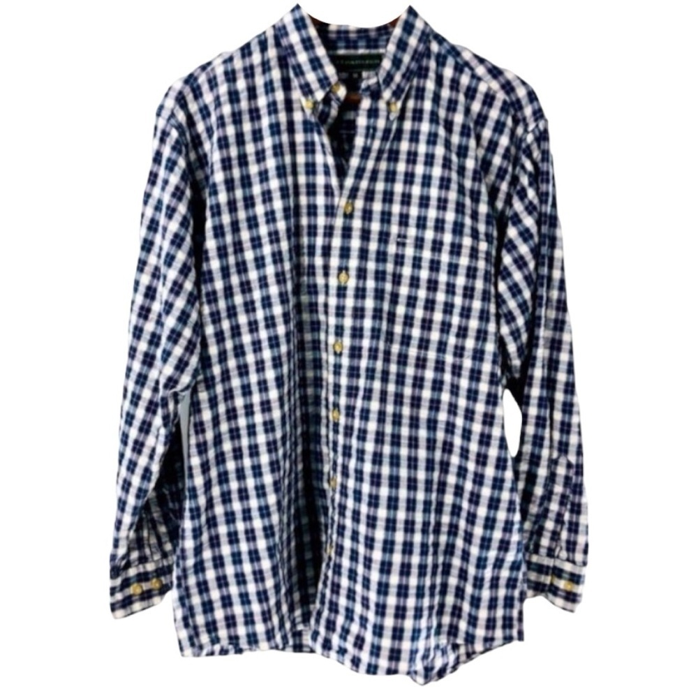4/$45 JJ FARMER Vintage Blue White Checkered Plaid Button Up Shirt size Medium